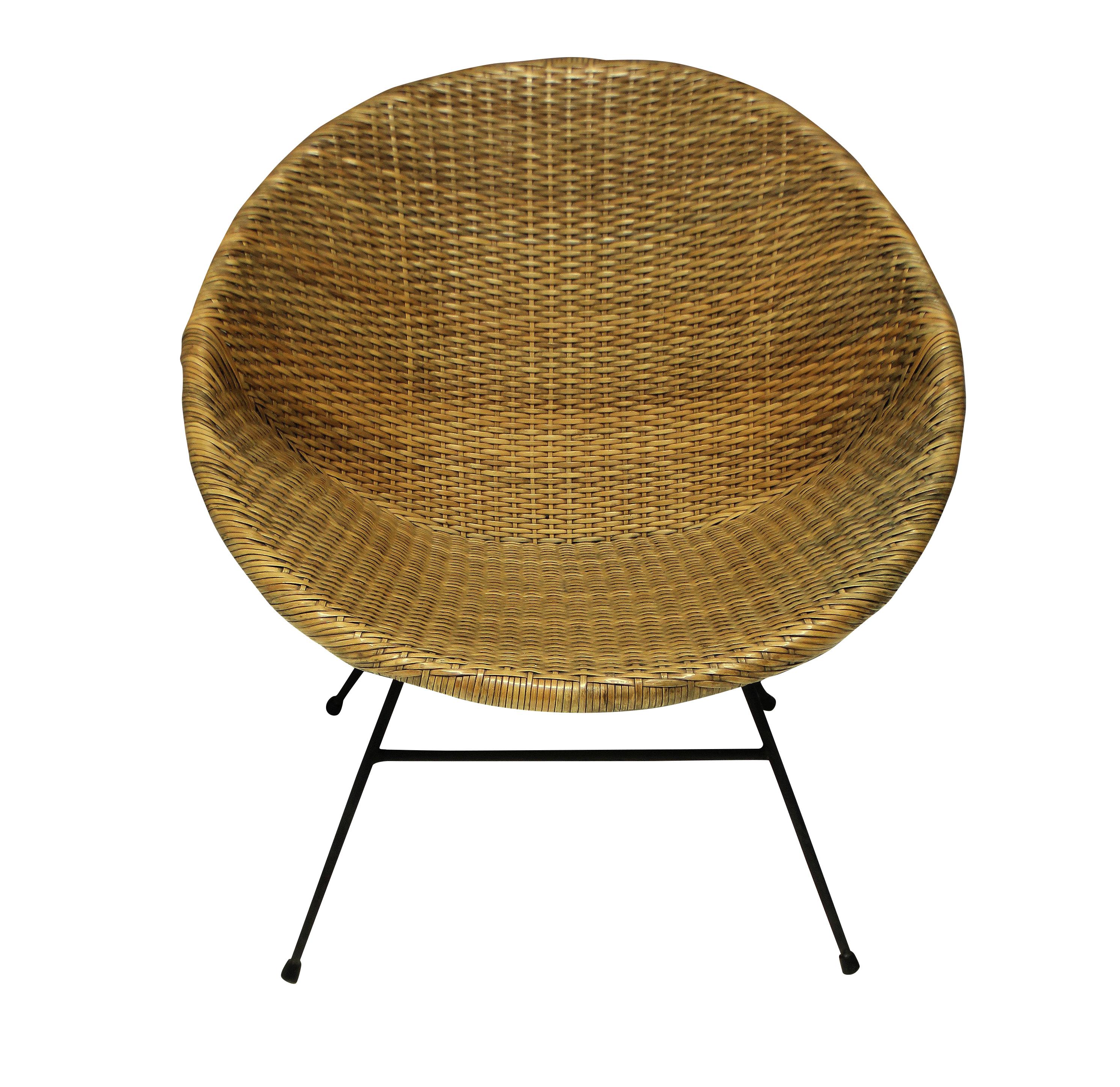 A pair of French midcentury rattan chairs of unusual design, with metal frames and cone shaped seats.