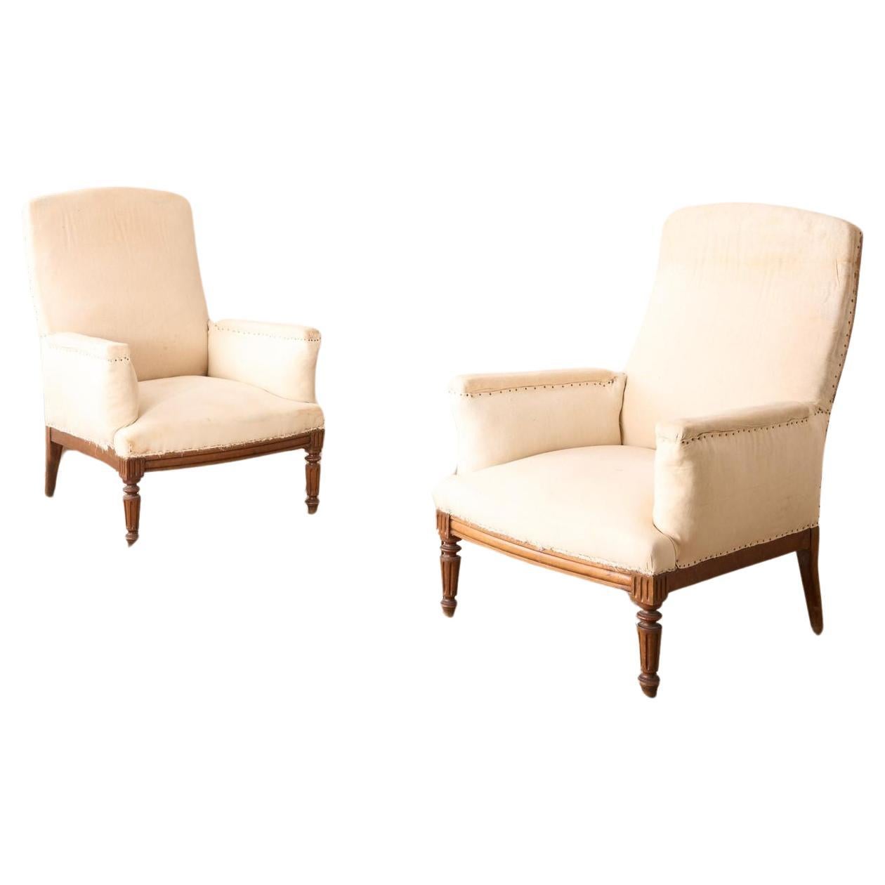 Pair of Unusual French square back armchairs with carved frames For Sale
