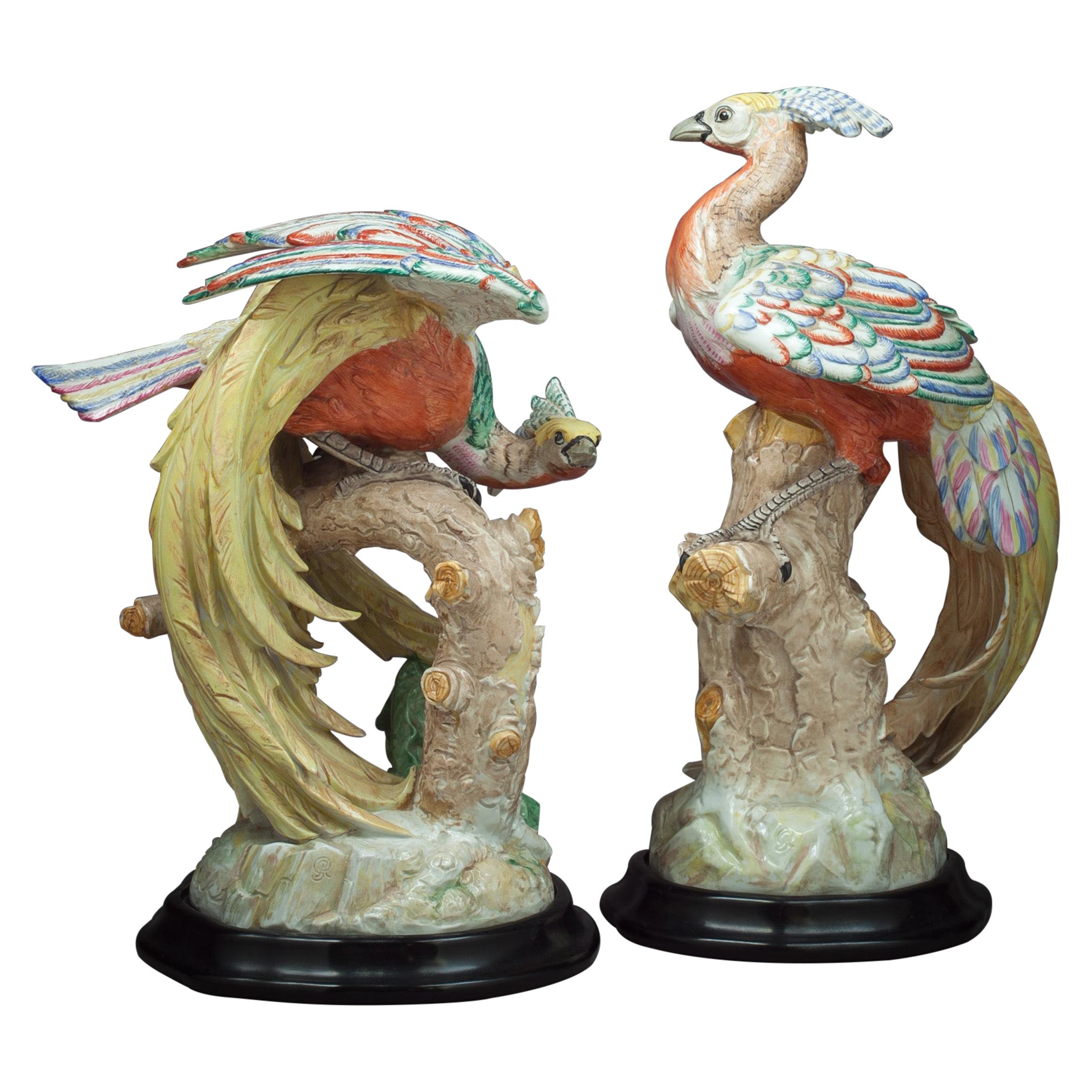 Pair of Unusual German Porcelain Potschappel Phoenix Birds on Stands, circa 1900