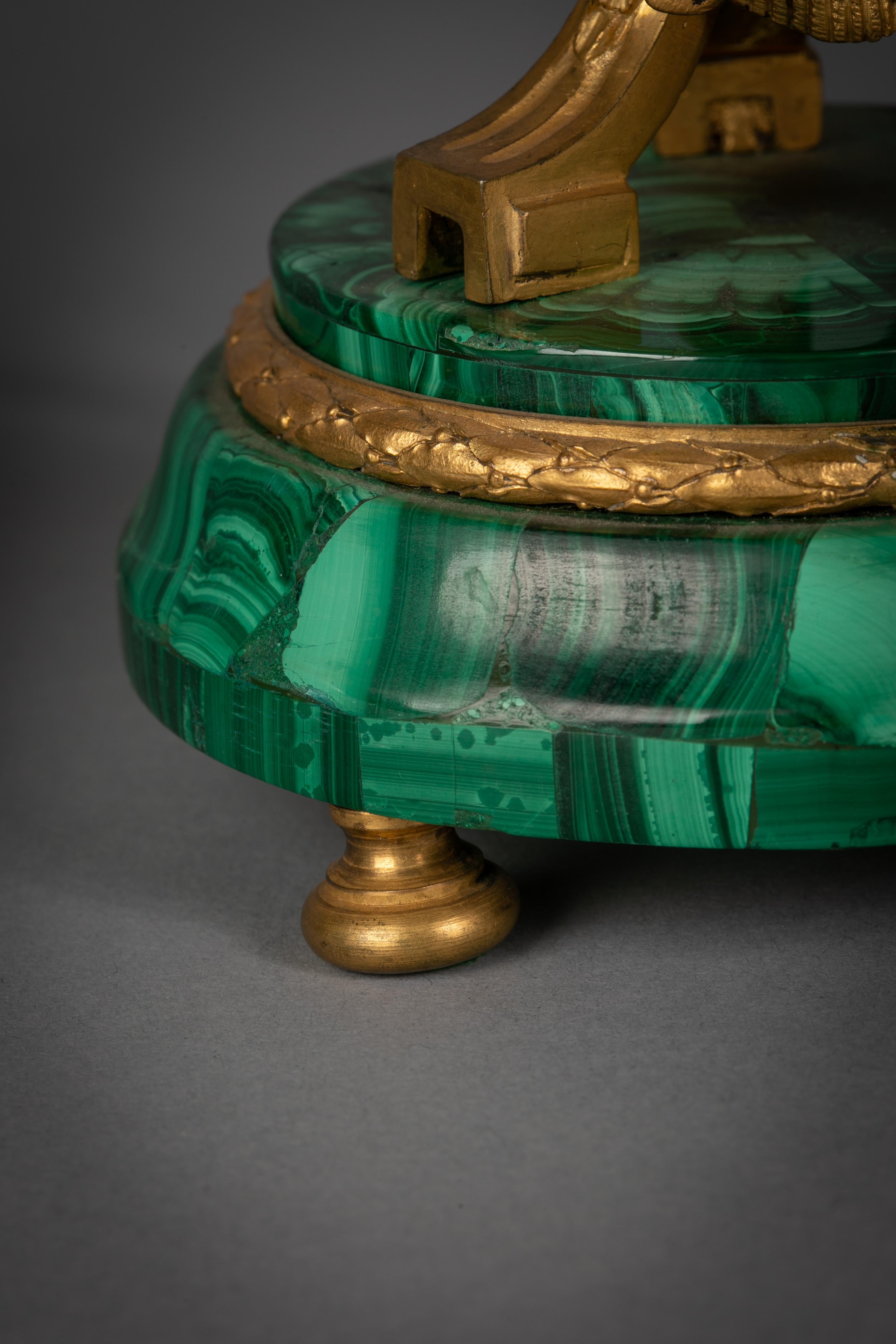 Pair of Unusual Gilt Bronze and Malachite Two-Light Candelabra, circa 1860 In Good Condition For Sale In New York, NY