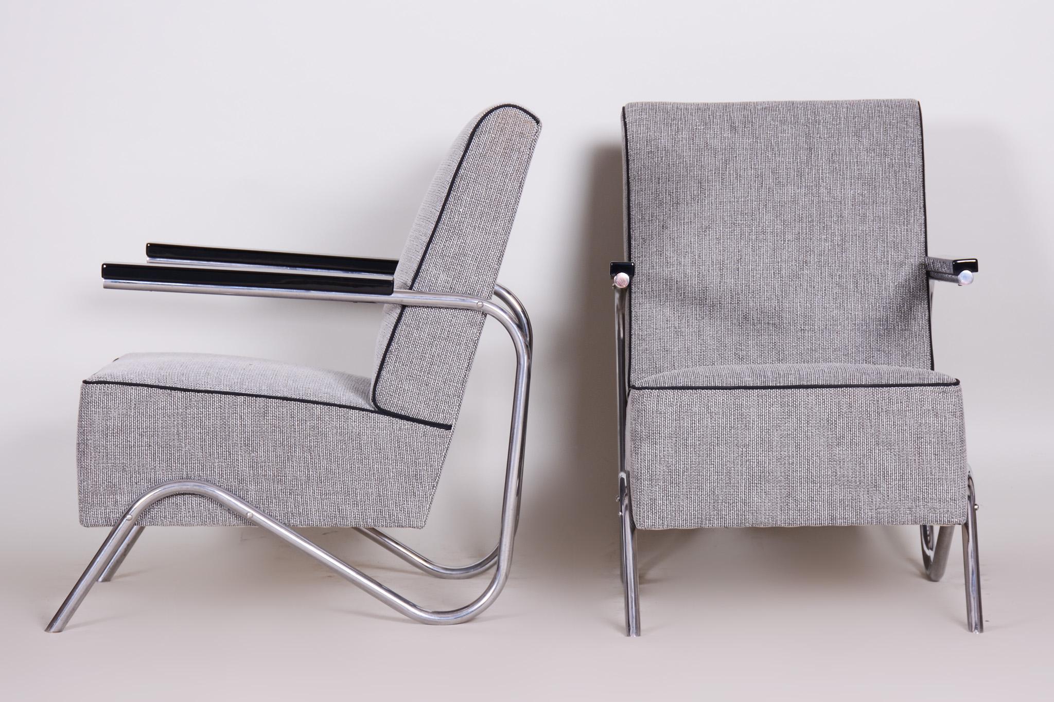 Czech Pair of Unusual Grey Restored Tubular Chrome Armchairs, New Upholstery, 1930s