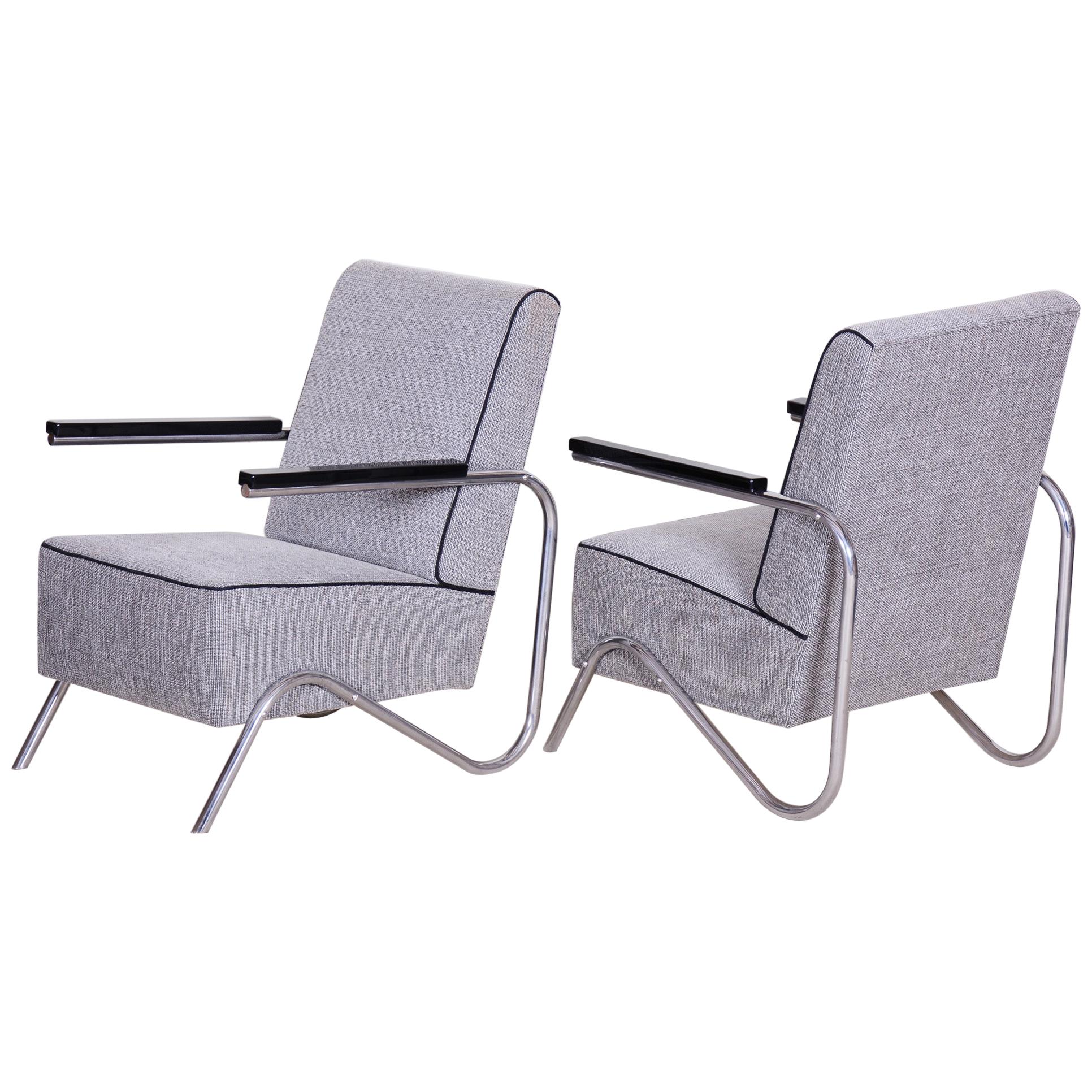 Pair of Unusual Grey Restored Tubular Chrome Armchairs, New Upholstery, 1930s