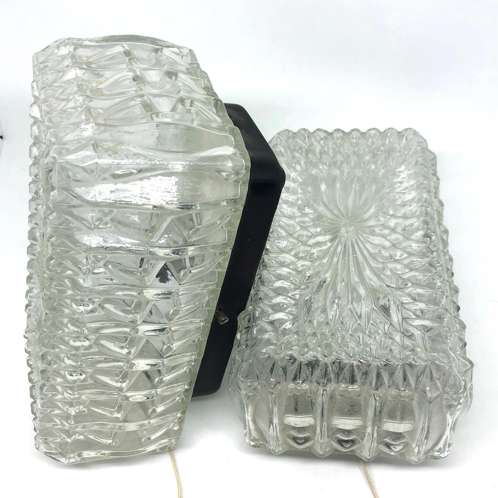 Pair of Unusual Ice Glass Sconces, Glass Wall Lights RZB Leuchten, Germany 1960s 2
