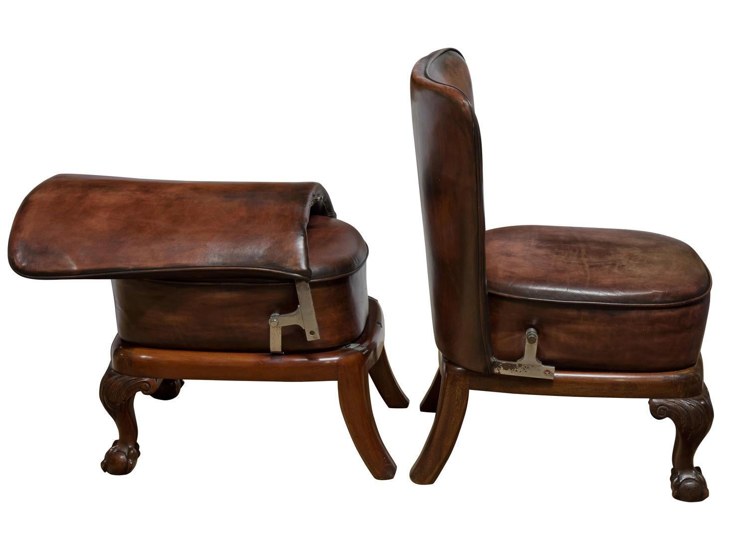 English Pair of Unusual Mahogany Framed Leather Seats For Sale