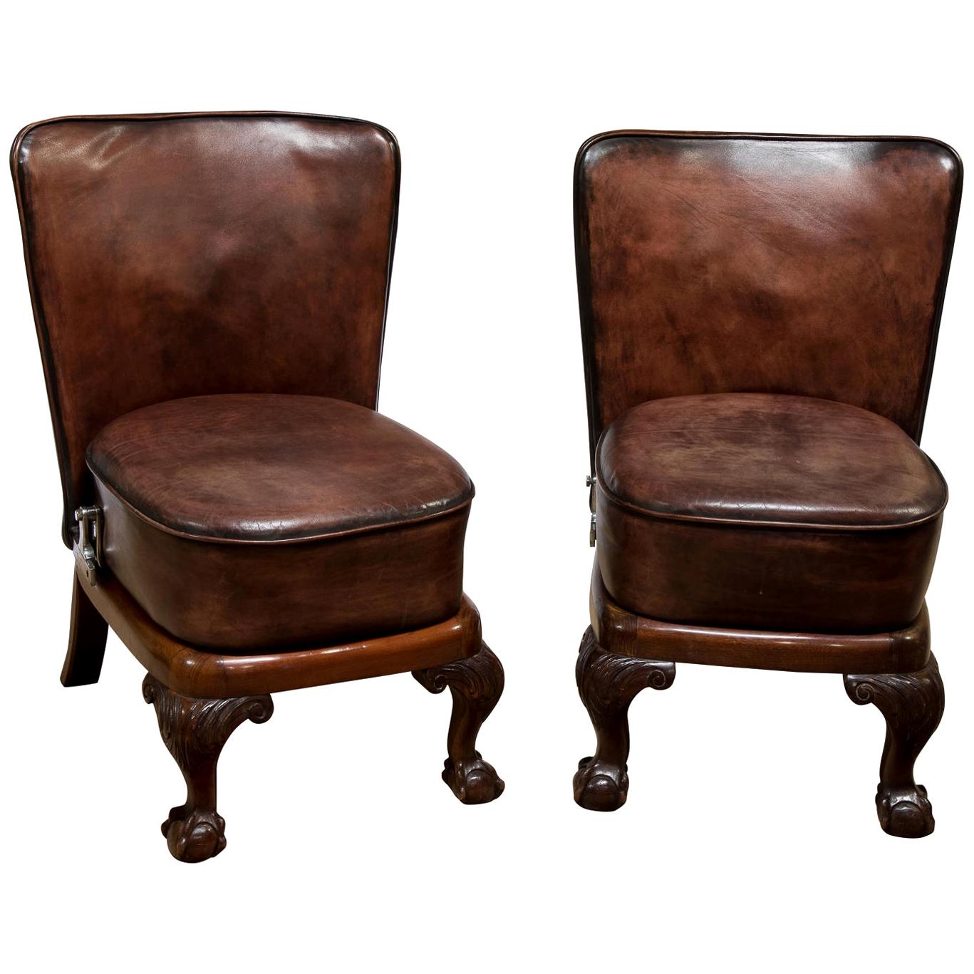 Pair of Unusual Mahogany Framed Leather Seats For Sale