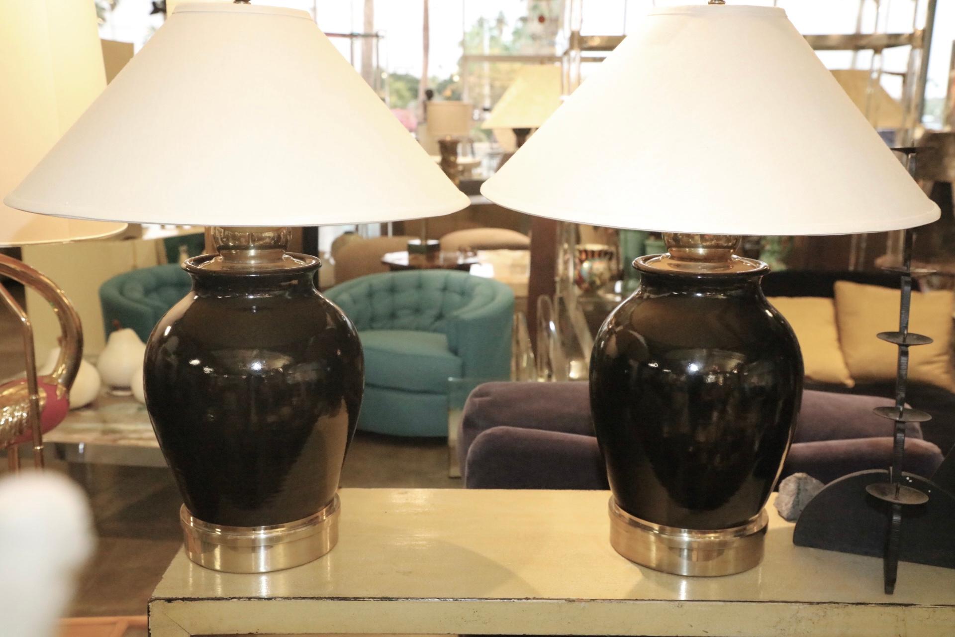 Pair of Unusual Pottery and Brass Lamps 4
