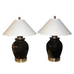 Pair of Unusual Pottery and Brass Lamps
