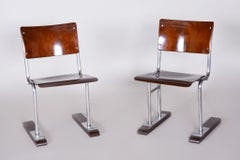 Pair of Unusual Restored Beech Bauhaus Folding Chairs, Chrome, Germany, 1920s