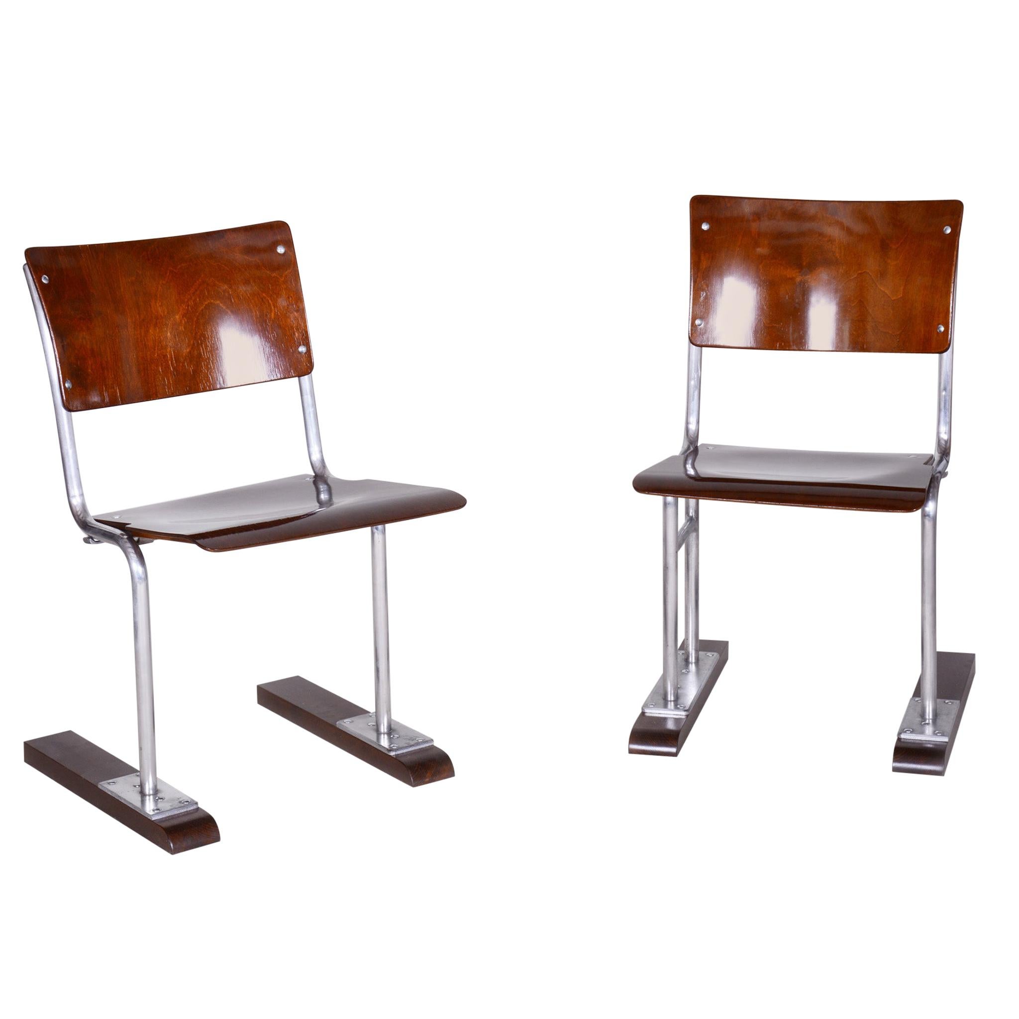 Pair of Unusual Restored Beech Bauhaus Folding Chairs, Chrome, Germany, 1920s