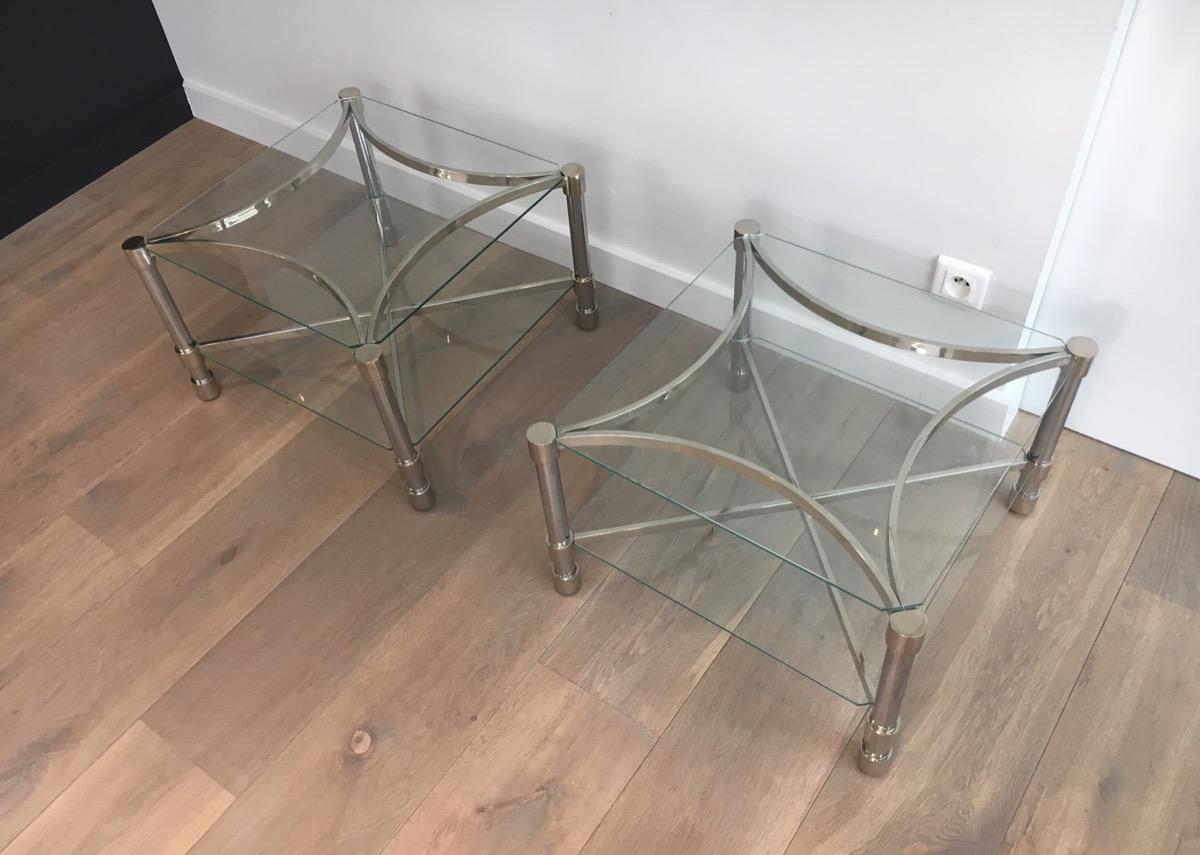 Pair of Unusual Side Tables Made of Chrome and Glass, French, circa 1970 For Sale 6