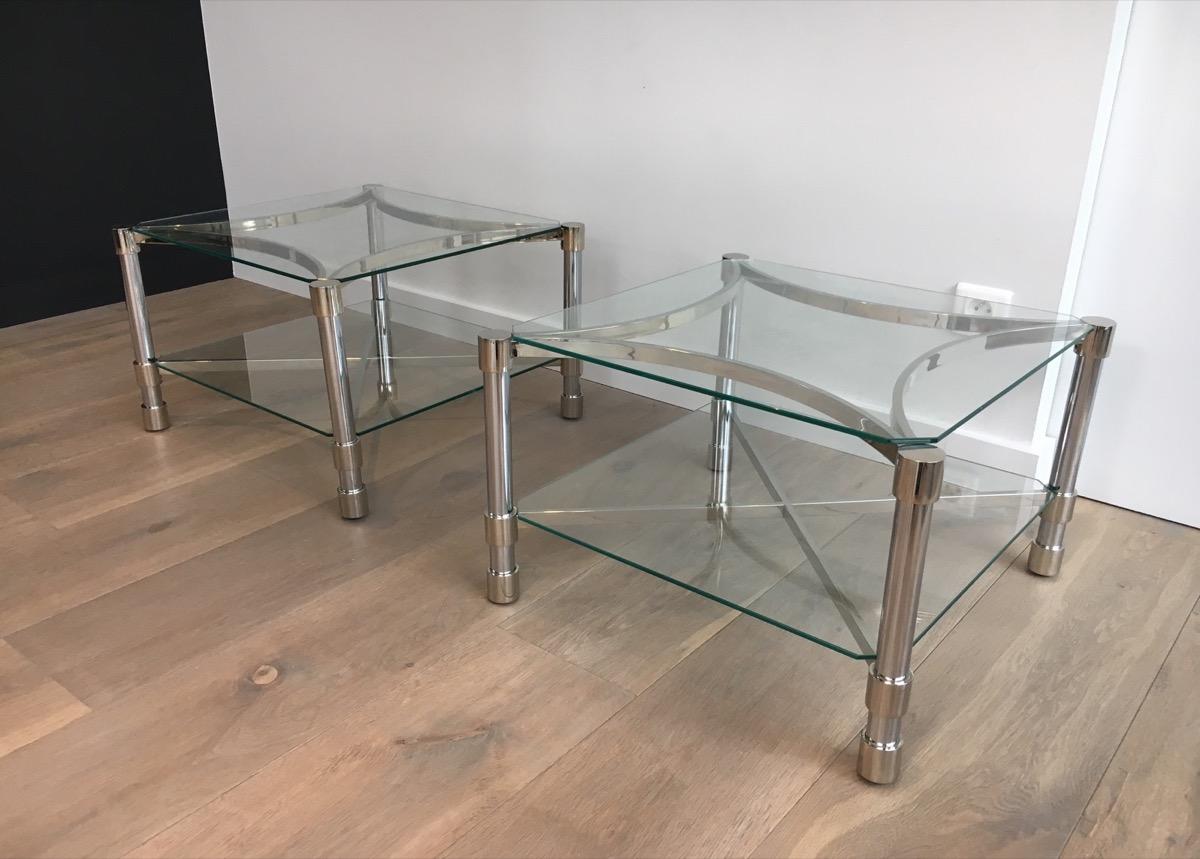 Pair of Unusual Side Tables Made of Chrome and Glass, French, circa 1970 For Sale 7
