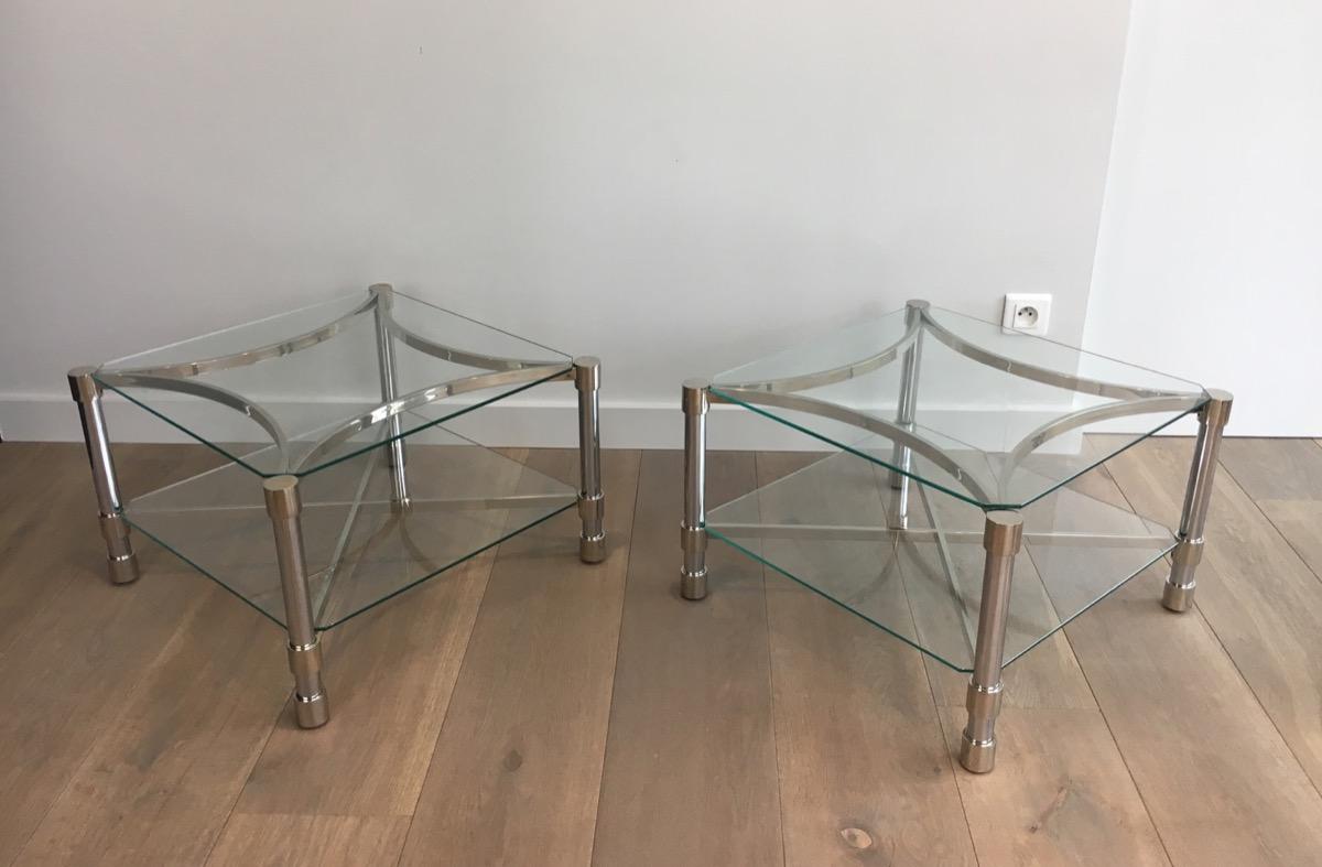 Pair of Unusual Side Tables Made of Chrome and Glass, French, circa 1970 For Sale 9