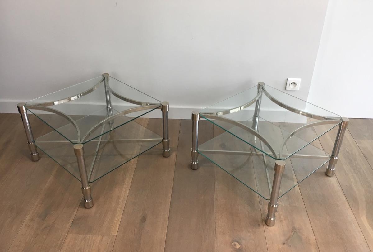 Mid-Century Modern Pair of Unusual Side Tables Made of Chrome and Glass, French, circa 1970 For Sale