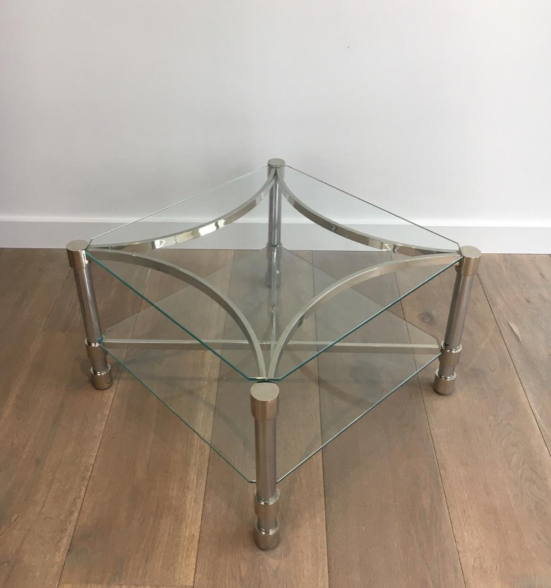 Late 20th Century Pair of Unusual Side Tables Made of Chrome and Glass, French, circa 1970 For Sale