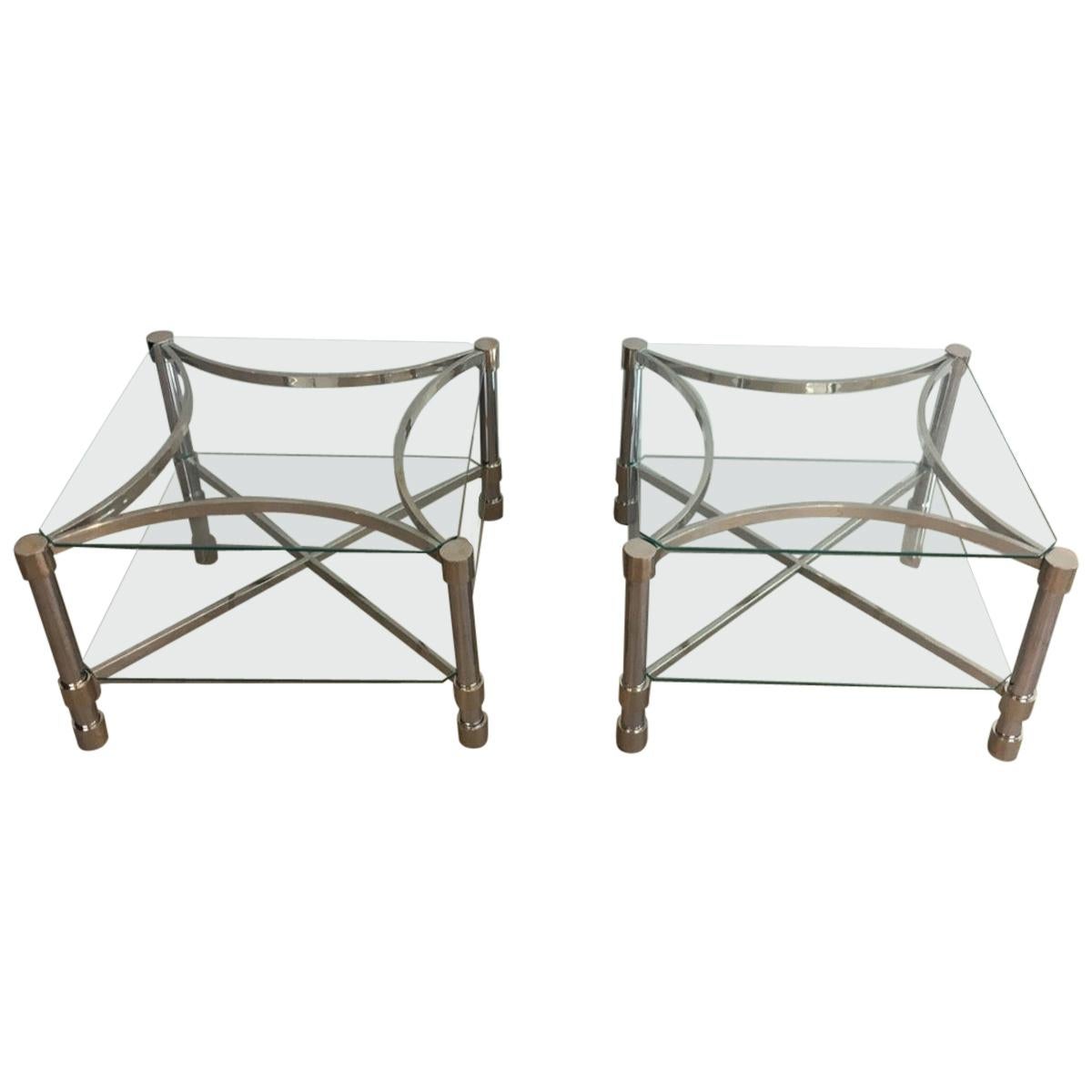 Pair of Unusual Side Tables Made of Chrome and Glass, French, circa 1970 For Sale