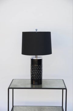 Pair of Unusual Textured Glass Cylinder Lamps with Custom Shades