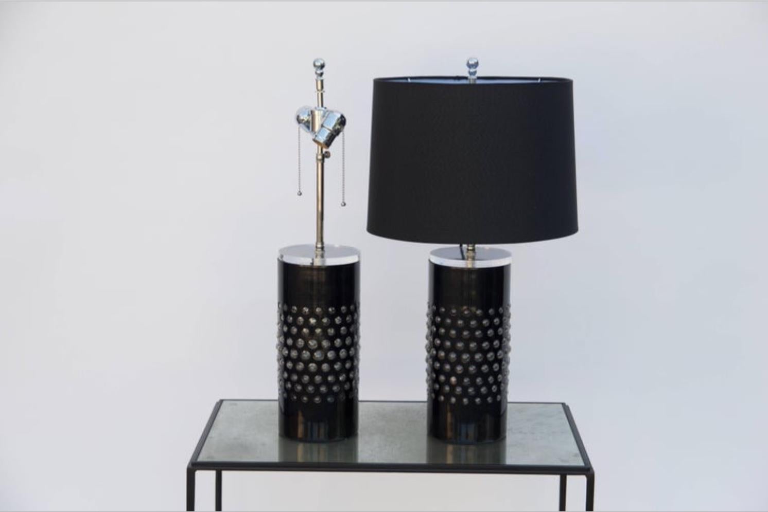 Modern Pair of Unusual Textured Glass Cylinder Lamps with Custom Shades For Sale