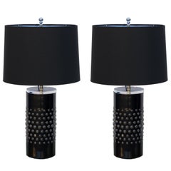 Pair of Unusual Textured Glass Cylinder Lamps with Custom Shades