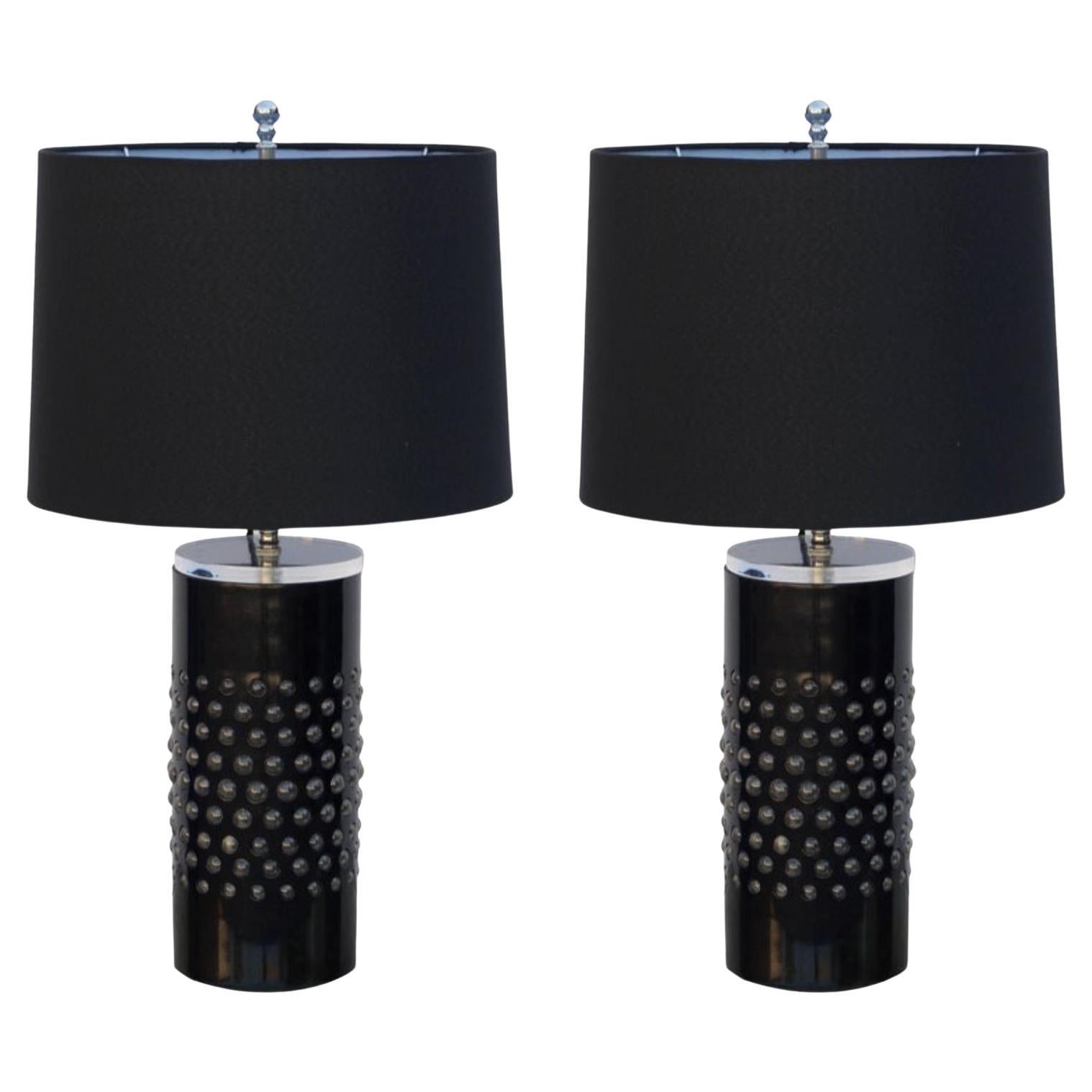 Pair of Unusual Textured Glass Cylinder Lamps with Custom Shades For Sale