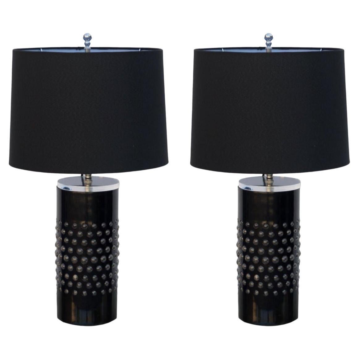 Pair of Unusual Textured Glass Cylinder Lamps with Custom Shades For Sale