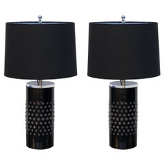 Pair of Unusual Textured Glass Cylinder Lamps with Custom Shades