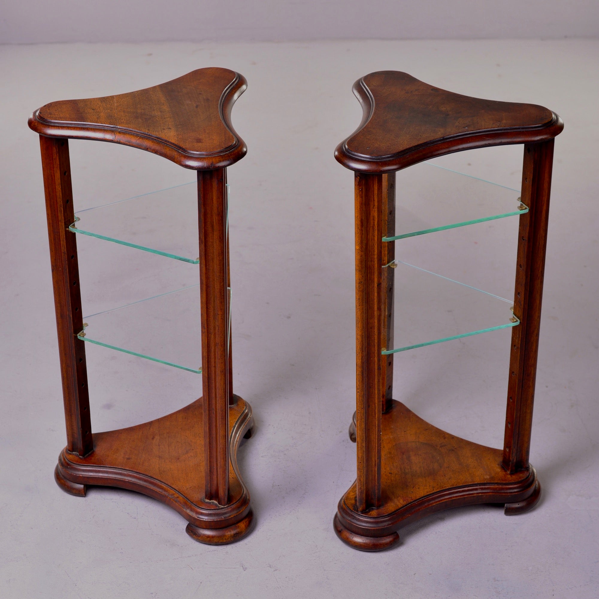 Pair of Unusual Walnut Stands with Glass Shelves For Sale