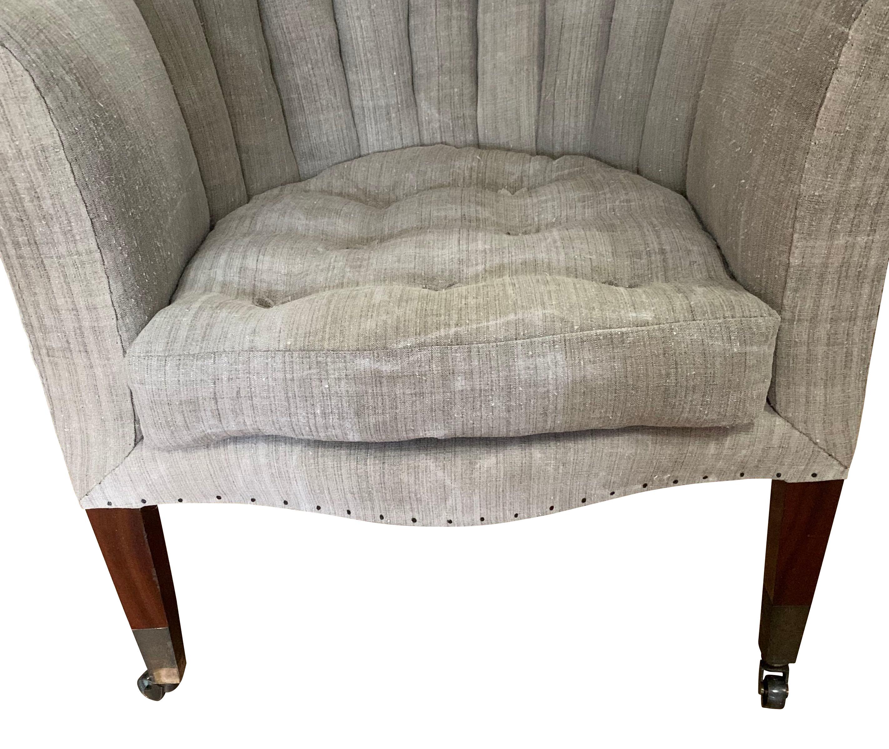 Linen Pair of Upholstered Armchairs, Barrel Back, England, 19th Century