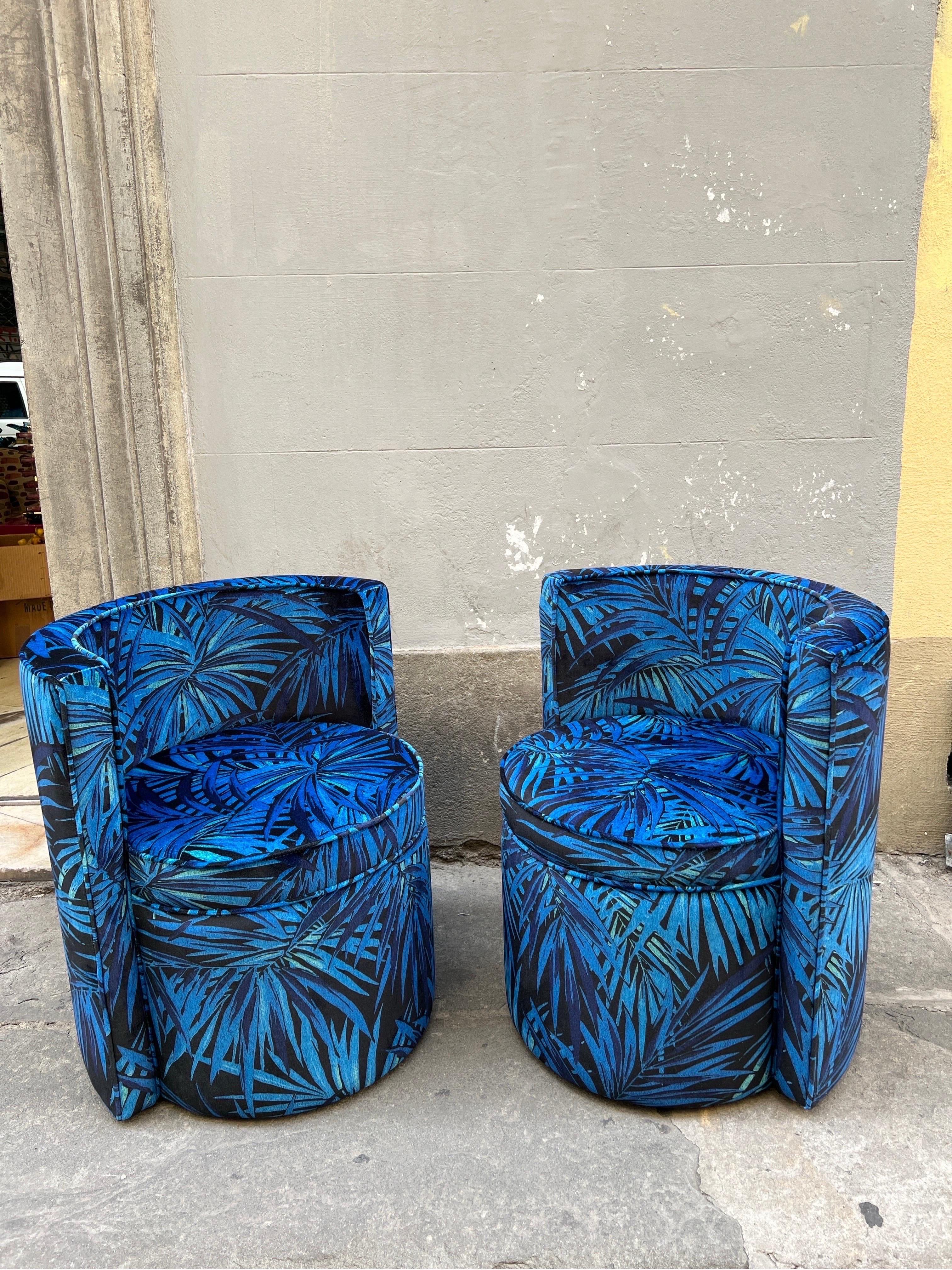 Pair of Upholstered  Armchairs  with Floral Velvet in Shades of Blue  1980 For Sale 5