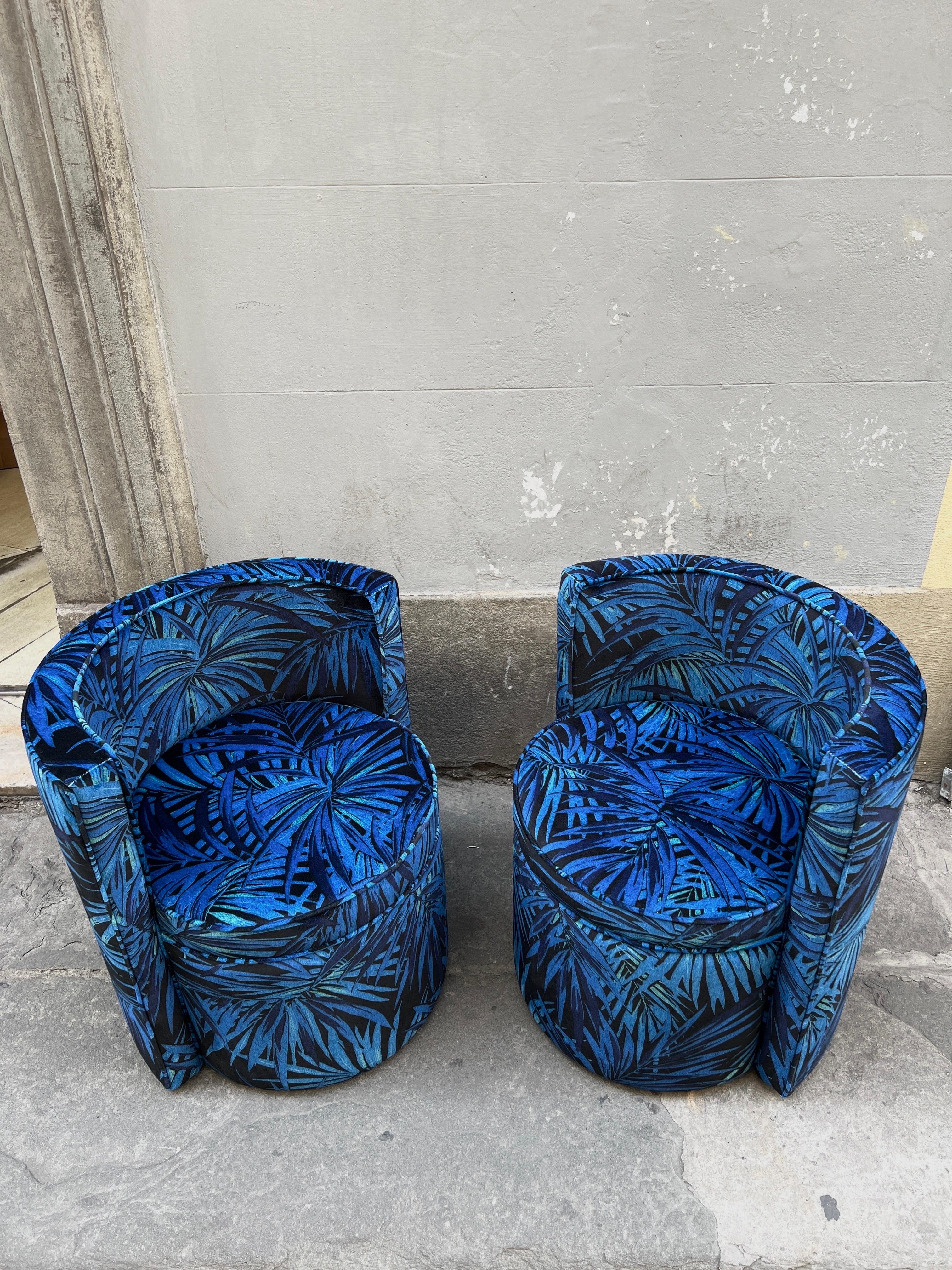 Pair of Upholstered  Armchairs  with Floral Velvet in Shades of Blue  1980 For Sale 8