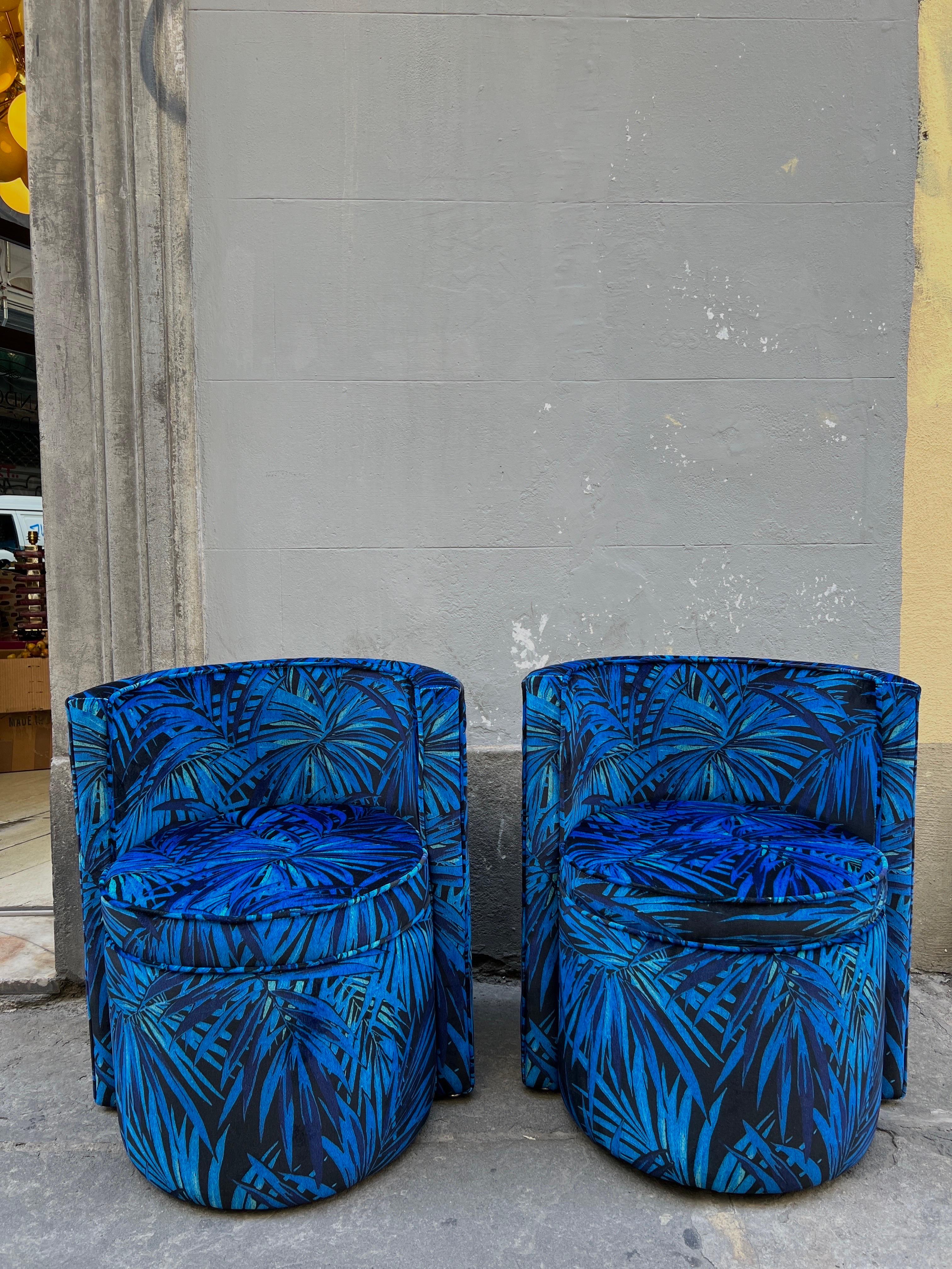 Pair of newly Upholstered  Armchairs  with Floral Velvet in Shades of Blue.
Perfect vintage condition.