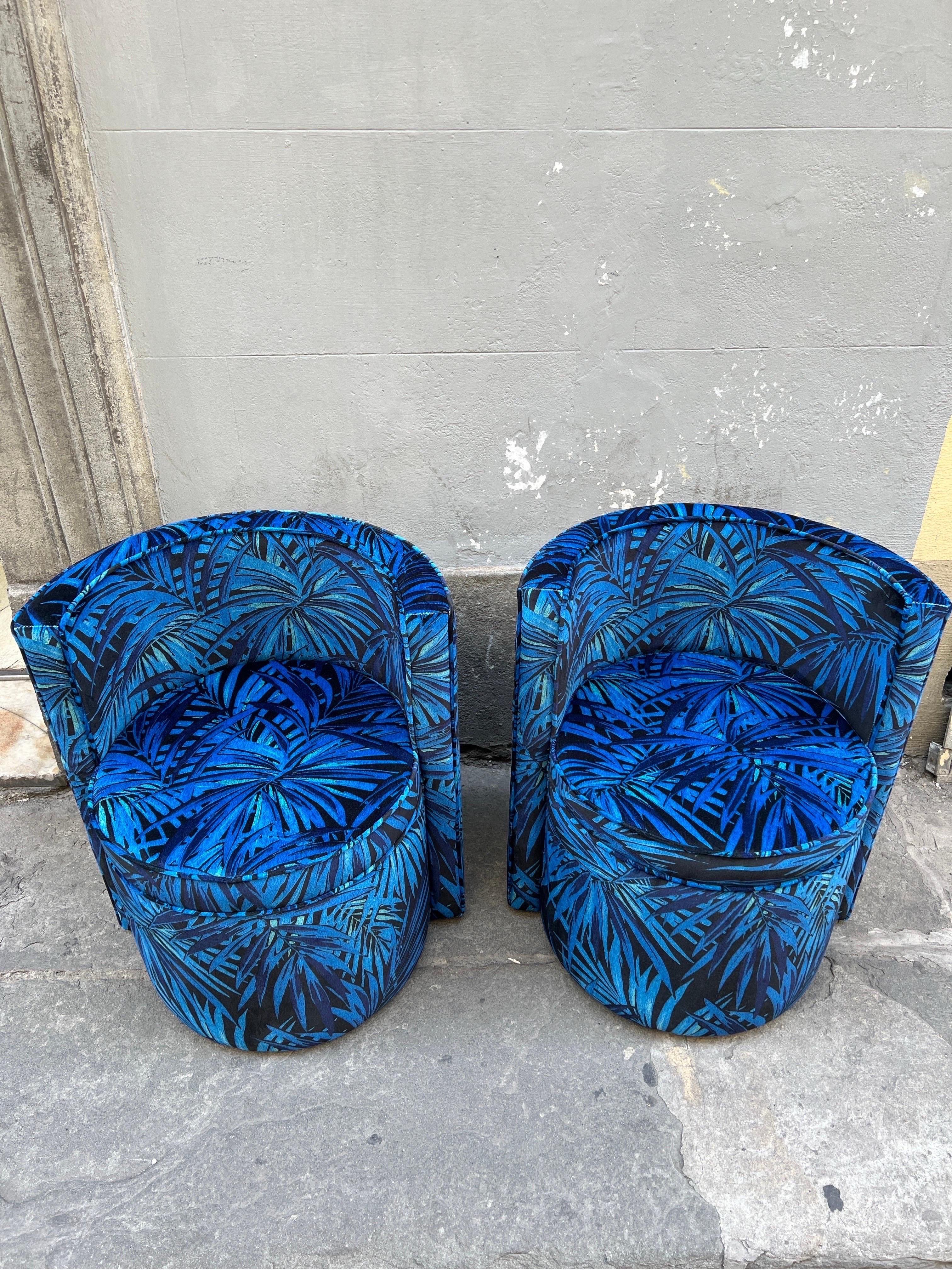 Modern Pair of Upholstered  Armchairs  with Floral Velvet in Shades of Blue  1980 For Sale