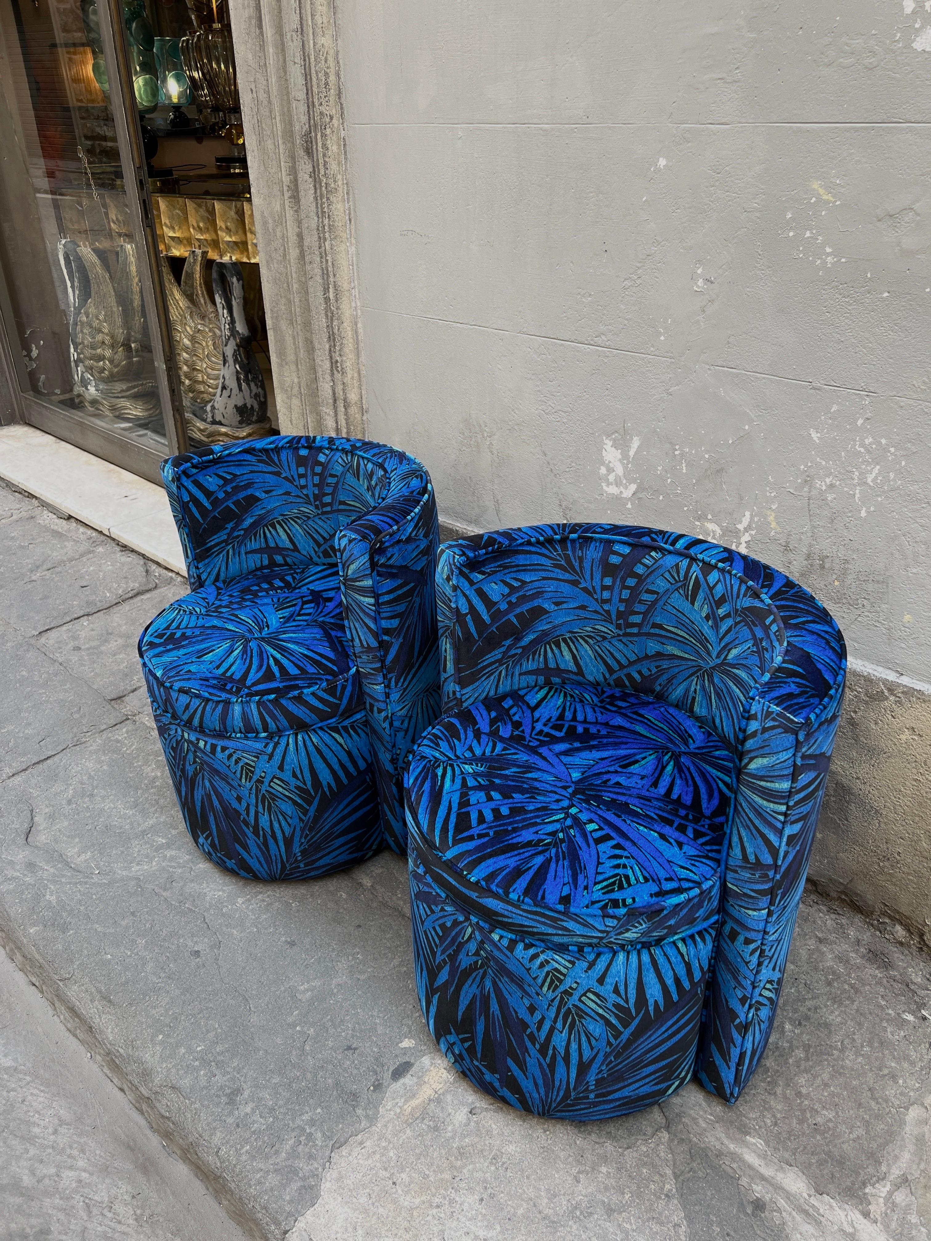 Italian Pair of Upholstered  Armchairs  with Floral Velvet in Shades of Blue  1980 For Sale