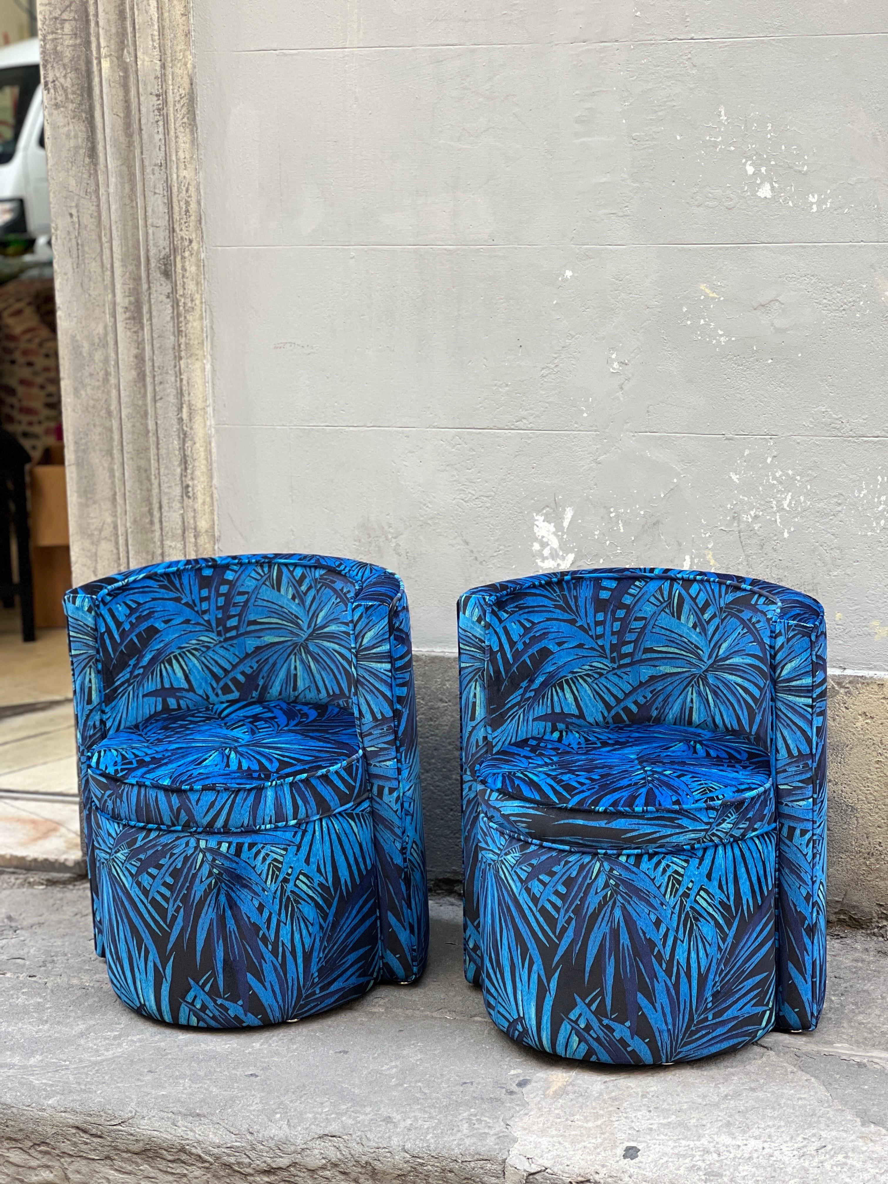 Pair of Upholstered  Armchairs  with Floral Velvet in Shades of Blue  1980 For Sale 2