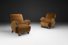 Pair of Upholstered Armchairs with Geometric Armrests, Europe ca 1950s