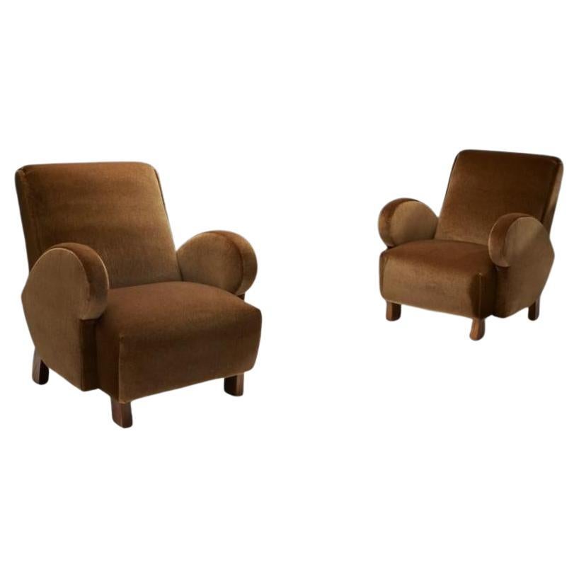 Pair of Upholstered Armchairs with Geometric Armrests, Europe ca 1950s