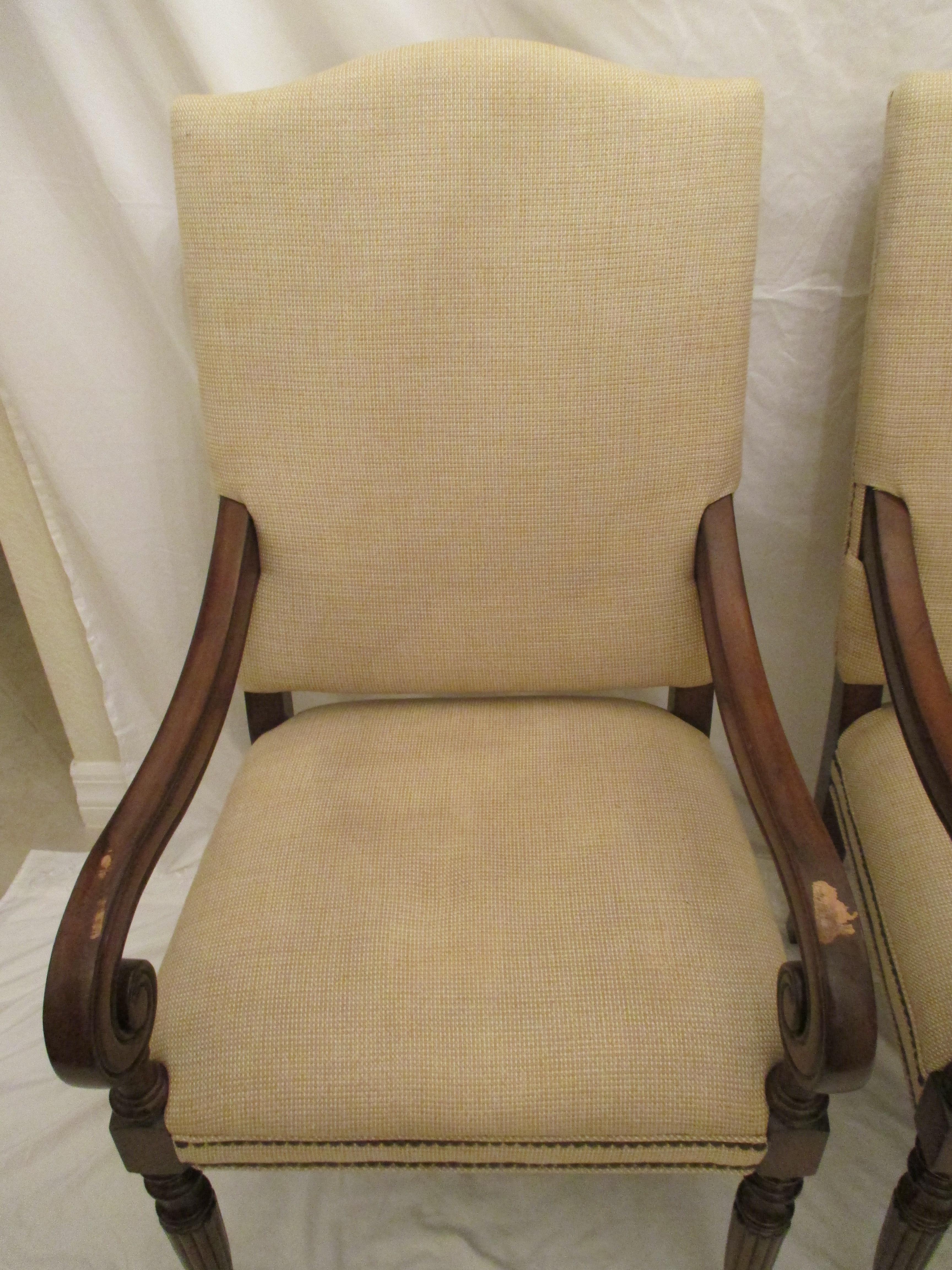 Stained Pair of Upholstered Armchairs with Nailhead Trim For Sale