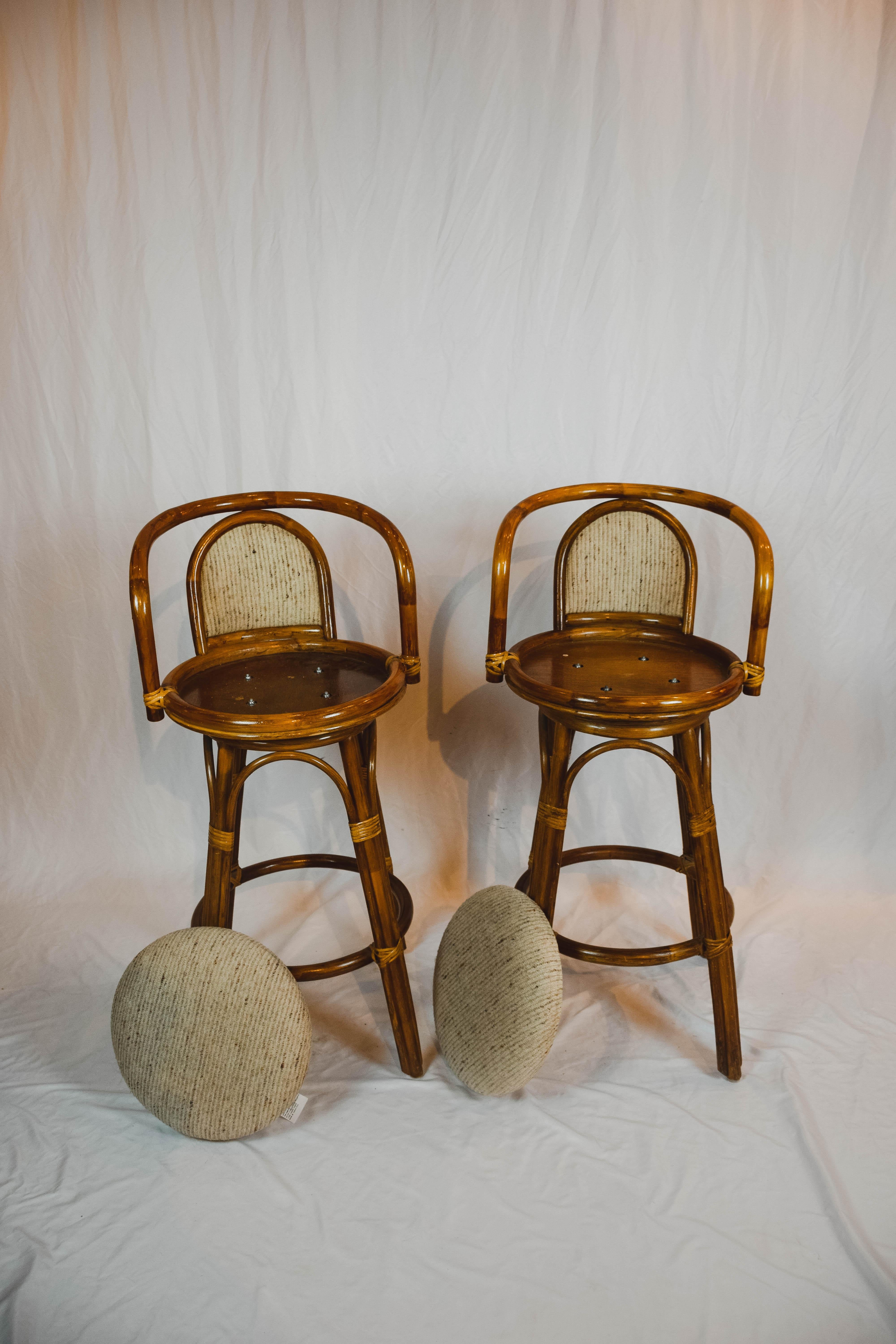 20th Century Pair of Upholstered Bamboo Midcentury Swivel Bar Stools