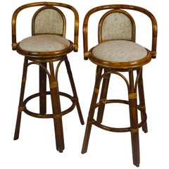 Retro Pair of Upholstered Bamboo Midcentury Swivel Bar Stools