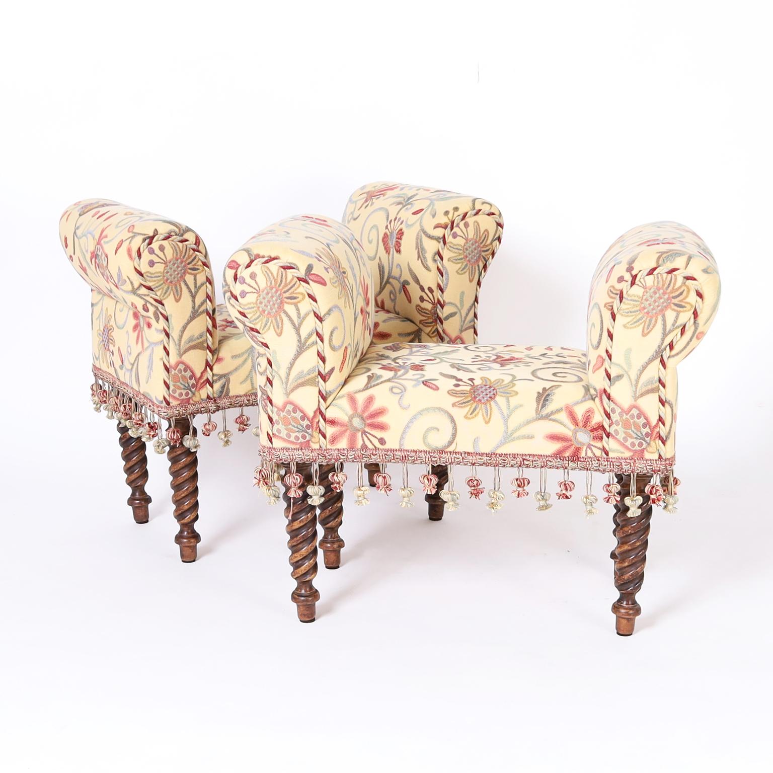 Early Victorian Pair of Upholstered Benches with Arms For Sale