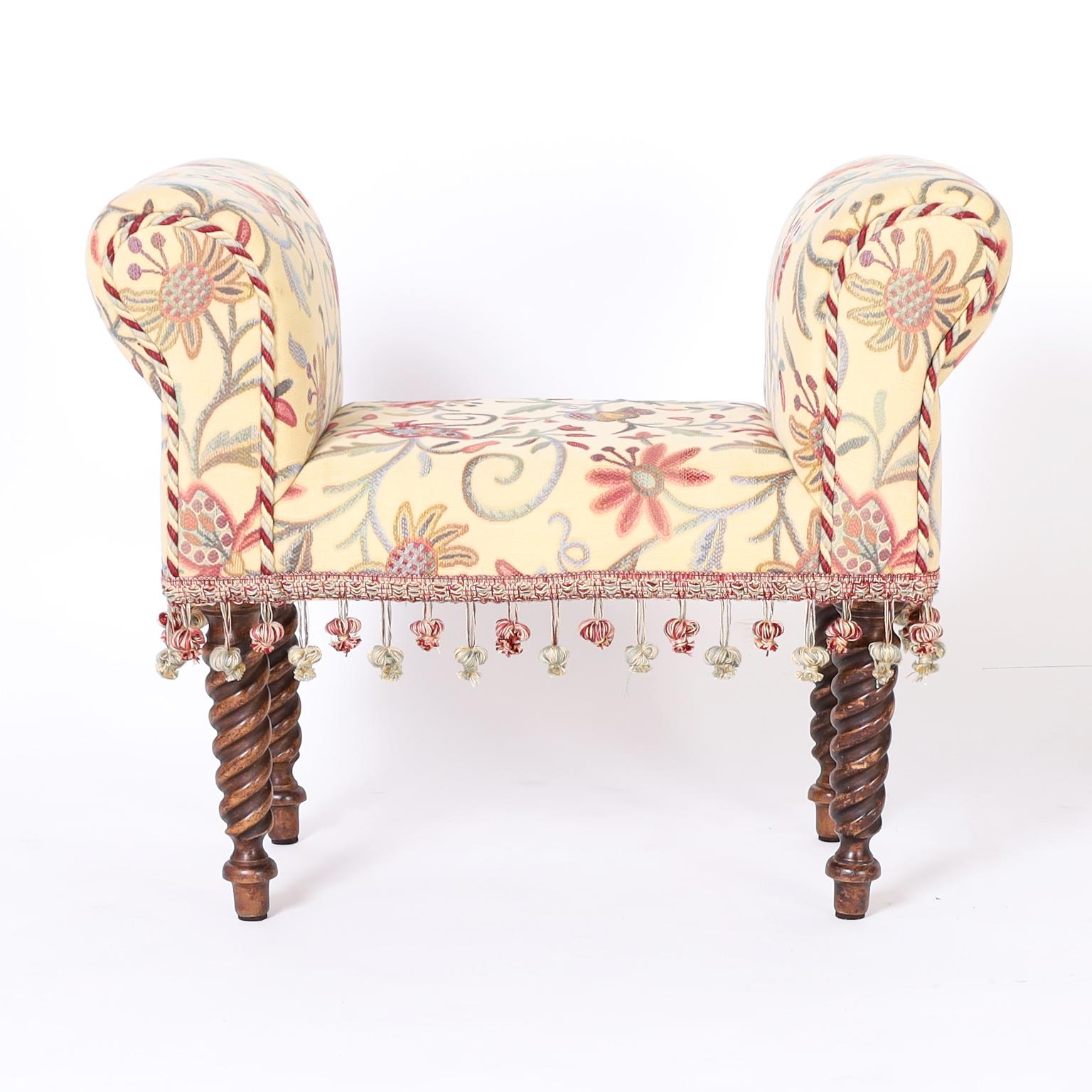 Pair of Upholstered Benches with Arms In Good Condition For Sale In Palm Beach, FL