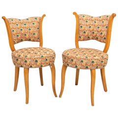Pair of Upholstered Blonde Wood Art Deco Style Side Chairs
