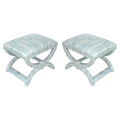 Pair of Upholstered Blue Quadrille Curule Benches
