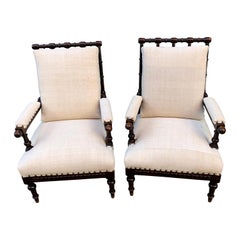 Pair of Upholstered Bobbin Chairs, England, circa 1880