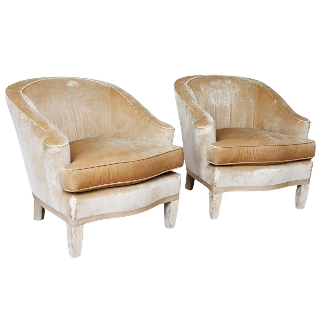 Pair of Upholstered Caramel Velvet Tub Chairs 1
