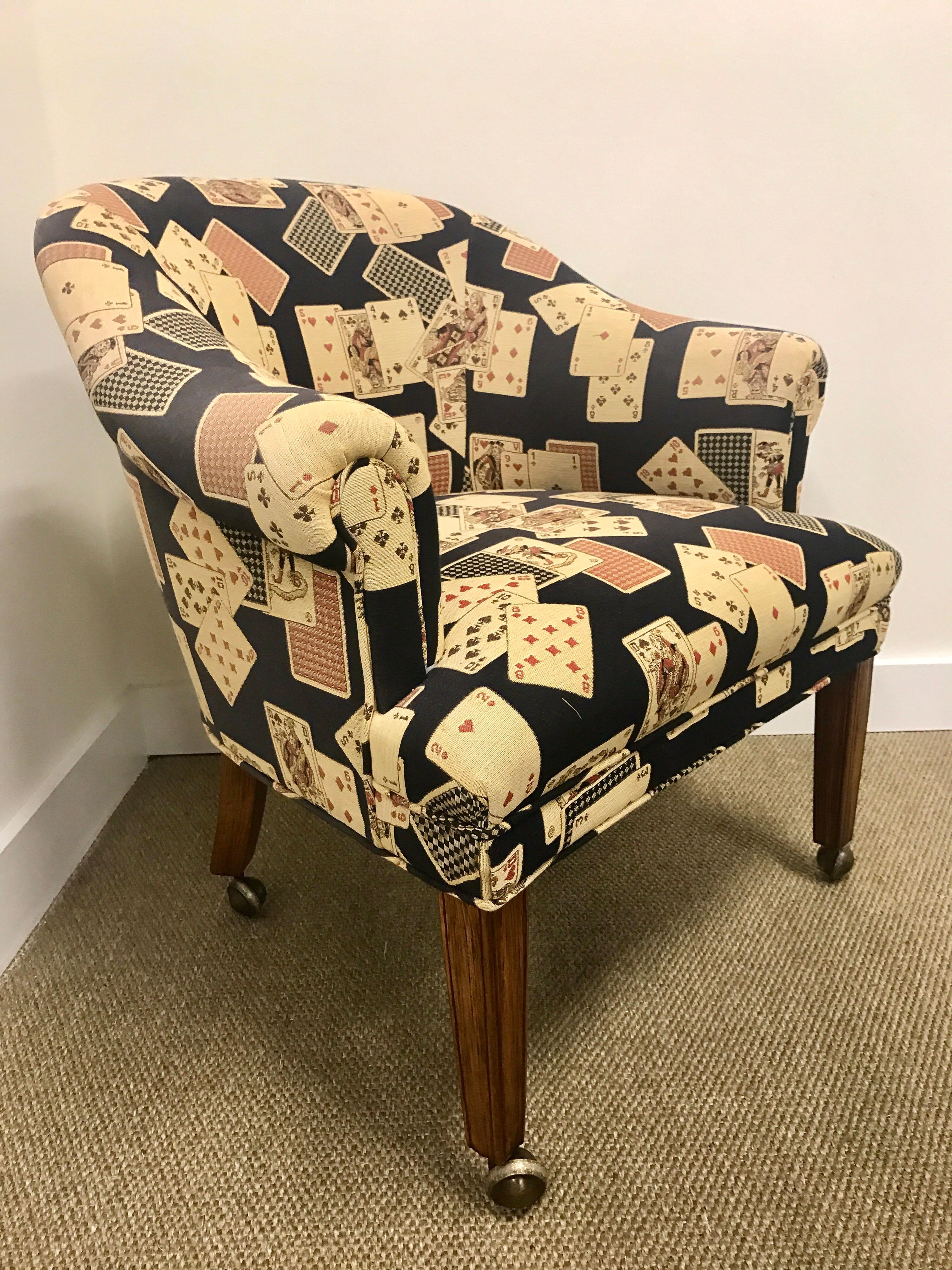 Pair of Upholstered Card Game Chairs on Castors In Good Condition In West Hartford, CT