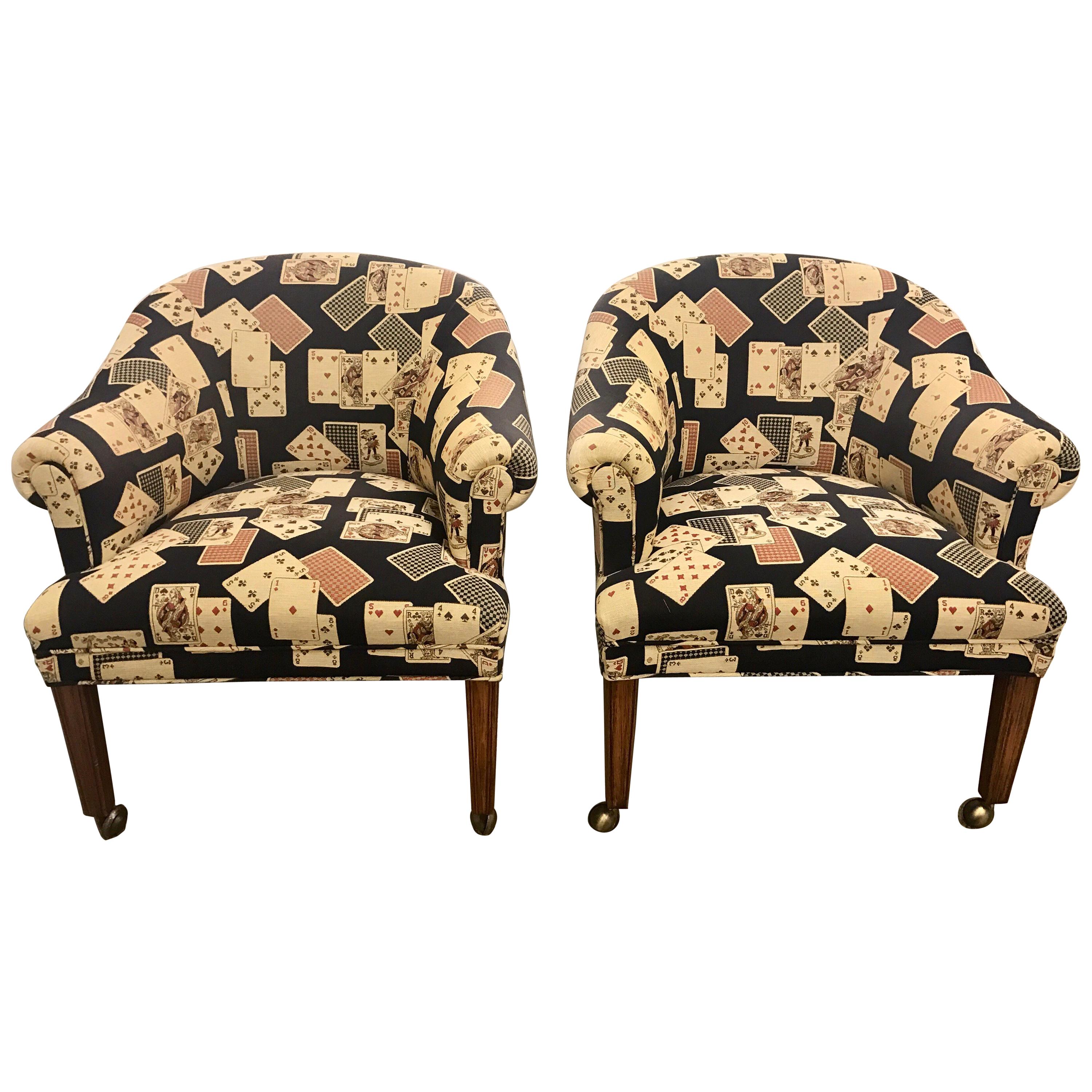 Pair of Upholstered Card Game Chairs on Castors at 1stDibs