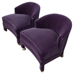 Pair of Upholstered Chairs in Violet Purple Velvet on Brass Rollers