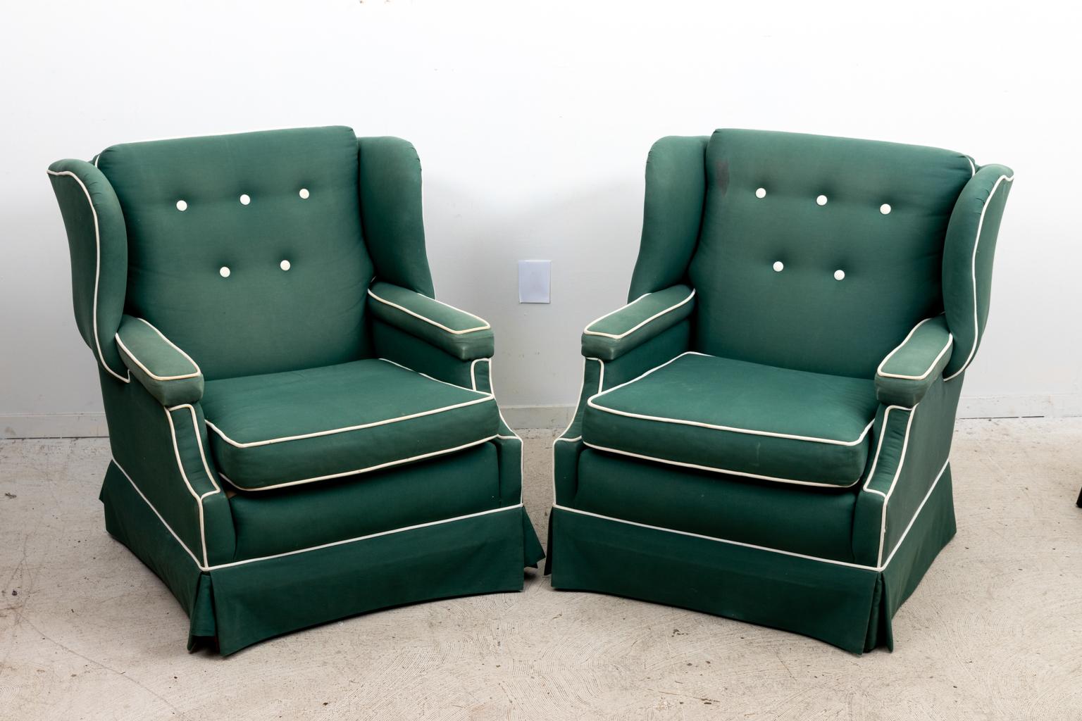 Pair of Upholstered Club Chairs and Ottoman In Good Condition For Sale In Stamford, CT