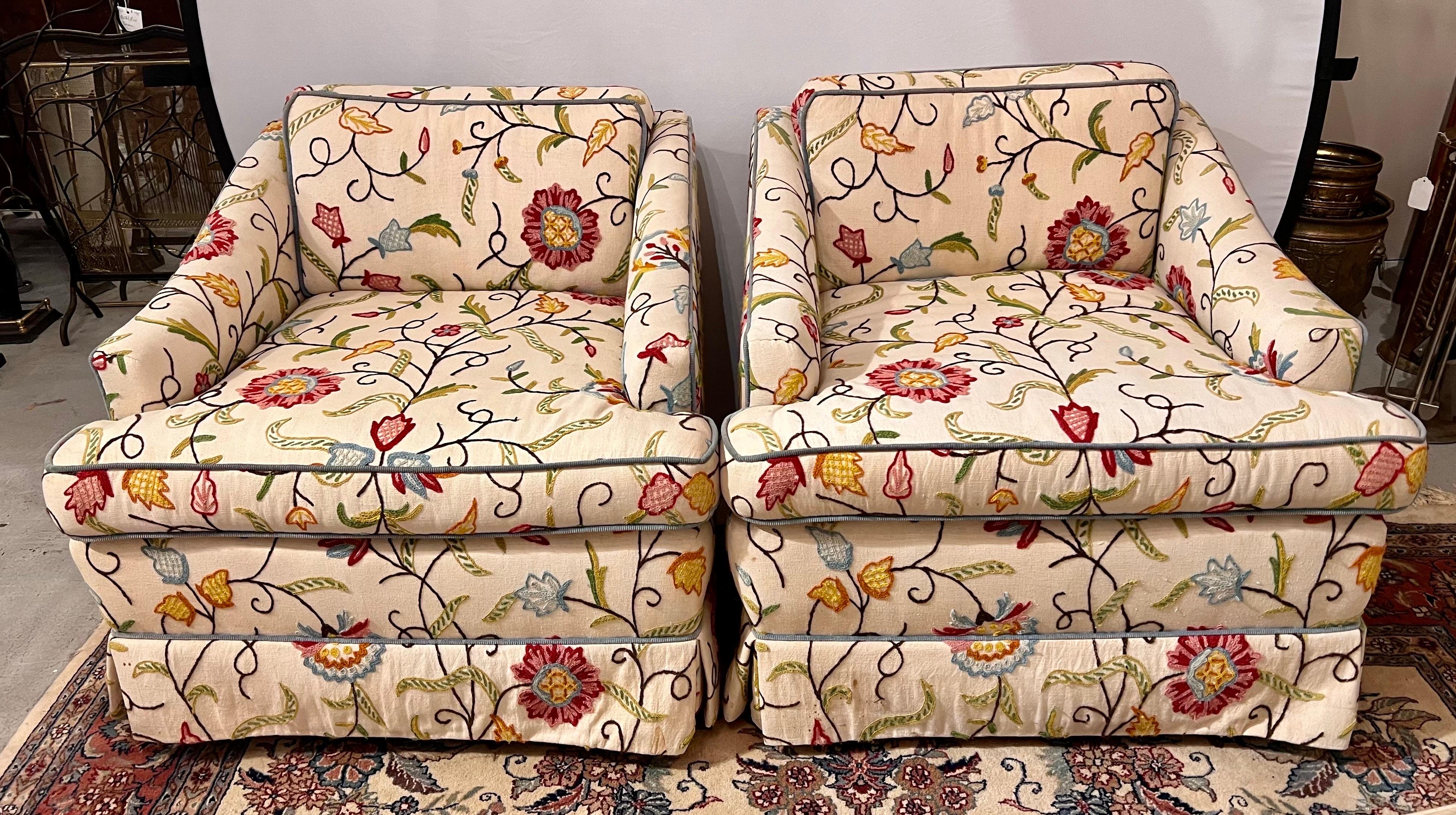 Chinoiserie Pair of Upholstered Club Chairs on Castors in Floral Crewel Work