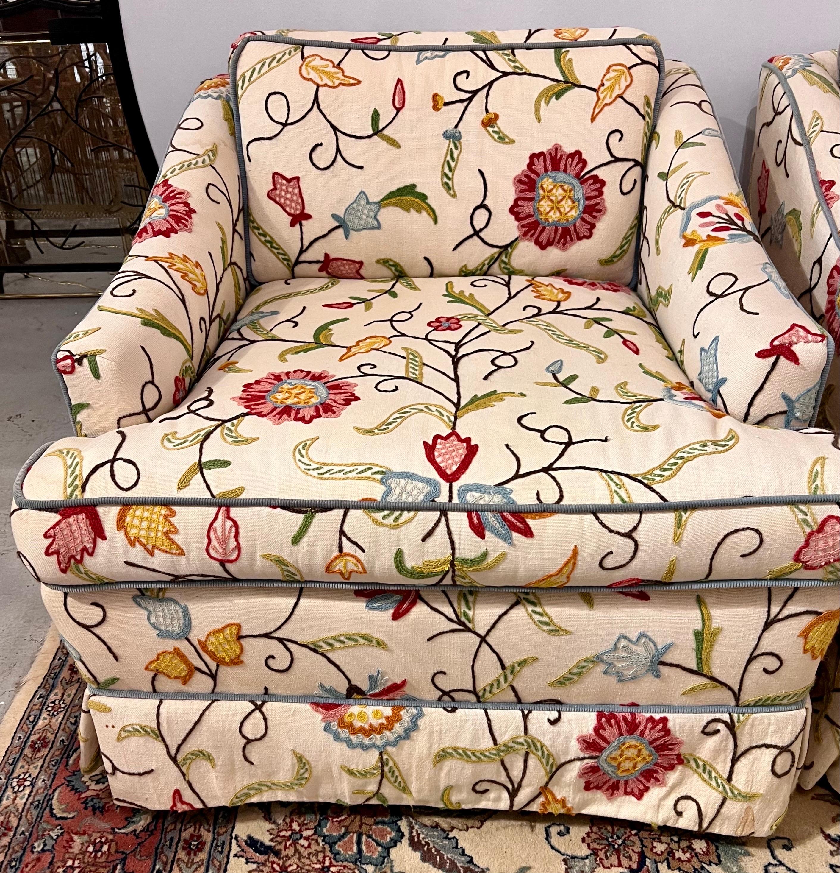American Pair of Upholstered Club Chairs on Castors in Floral Crewel Work